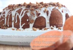Sweet Potato Cake Recipe w/ Marshmallow Frosting & Pecan Crisp Topping